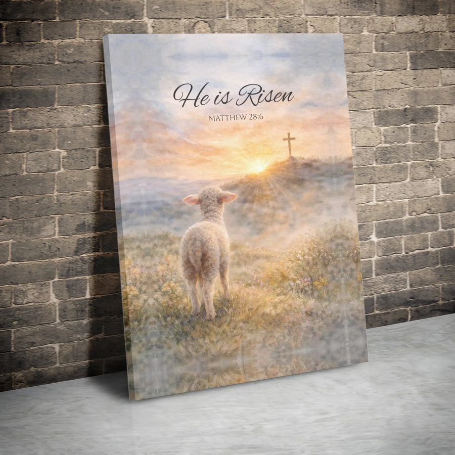He is Risen Canvas Wall Art | Christian Easter Bible Verse Decor | Premium Watercolor Lamb & Cross Print | Inspirational Religious Gift
