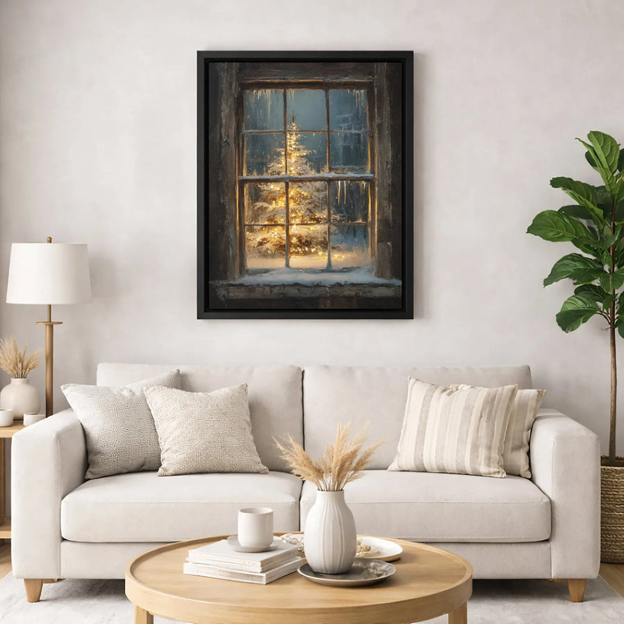 Christmas Tree Wall Art | Snowy Rustic Window With Icicles | Premium Gallery Canvas Print | Festive Winter Home Decor Gift