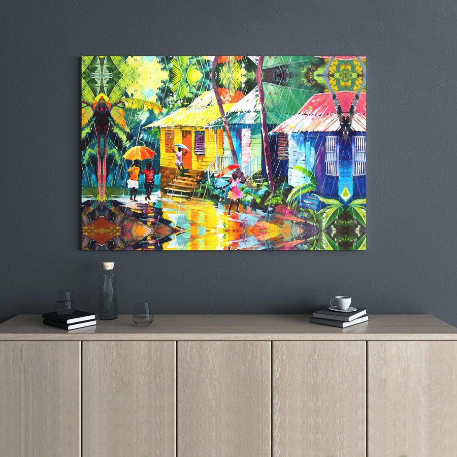 Tropical Rain Village Canvas Print | Vibrant Caribbean Street Art | Premium 1.25" Gallery Wrap | Colorful Home Decor Gift