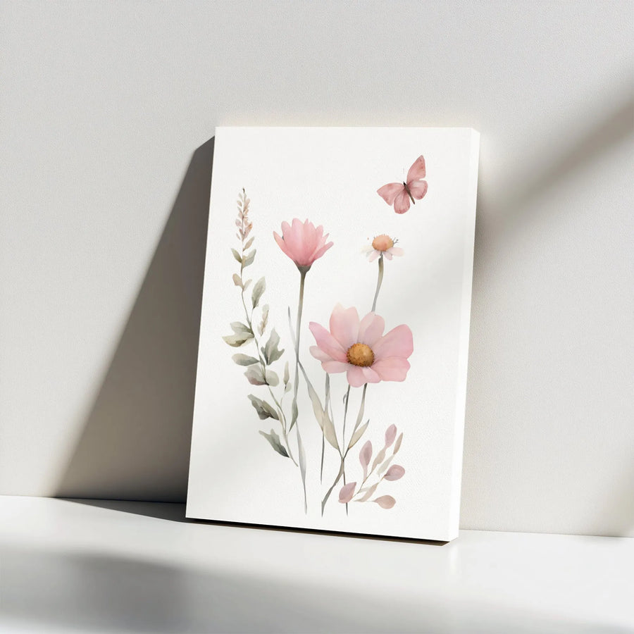 Watercolor Wildflower Canvas Wall Art | Minimalist Pink Floral and Butterfly Art | Thick 1.25" Gallery Wrap Canvas | Gift for Her, Modern Farmhouse Nursery Decor