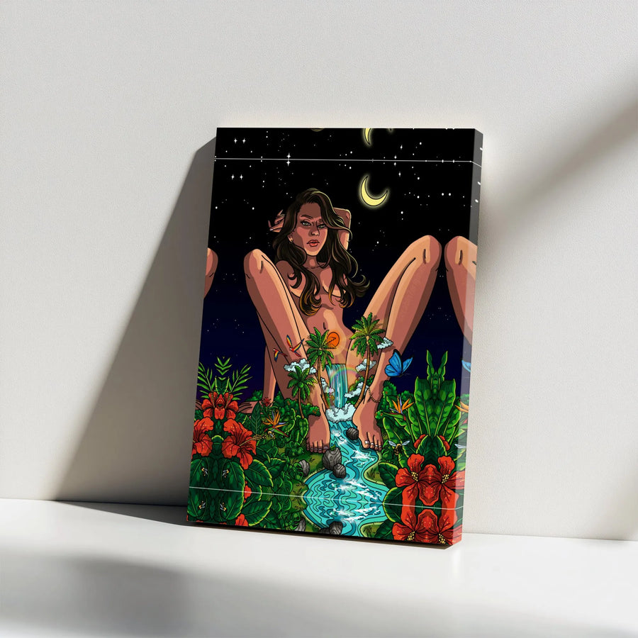 Mother Nature Goddess Wall Art | Tropical Waterfall Psychedelic Canvas | Premium Gallery Wrap Decor | Bohemian Spiritual Home Gift