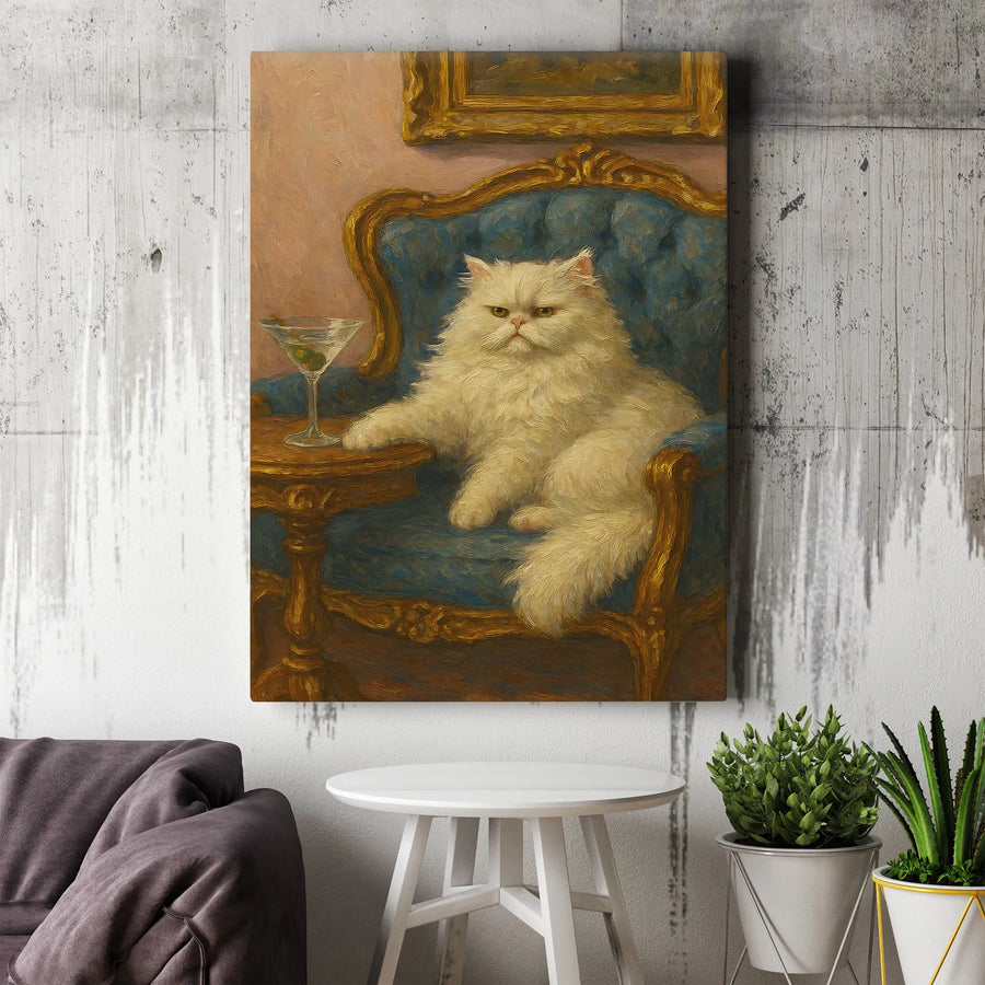 Funny Persian Cat Canvas Wall Art | Cat with Martini Vintage Painting | Premium Gallery Wrap Print | Unique Gift for Cat Lover, Humorous Bar Decor