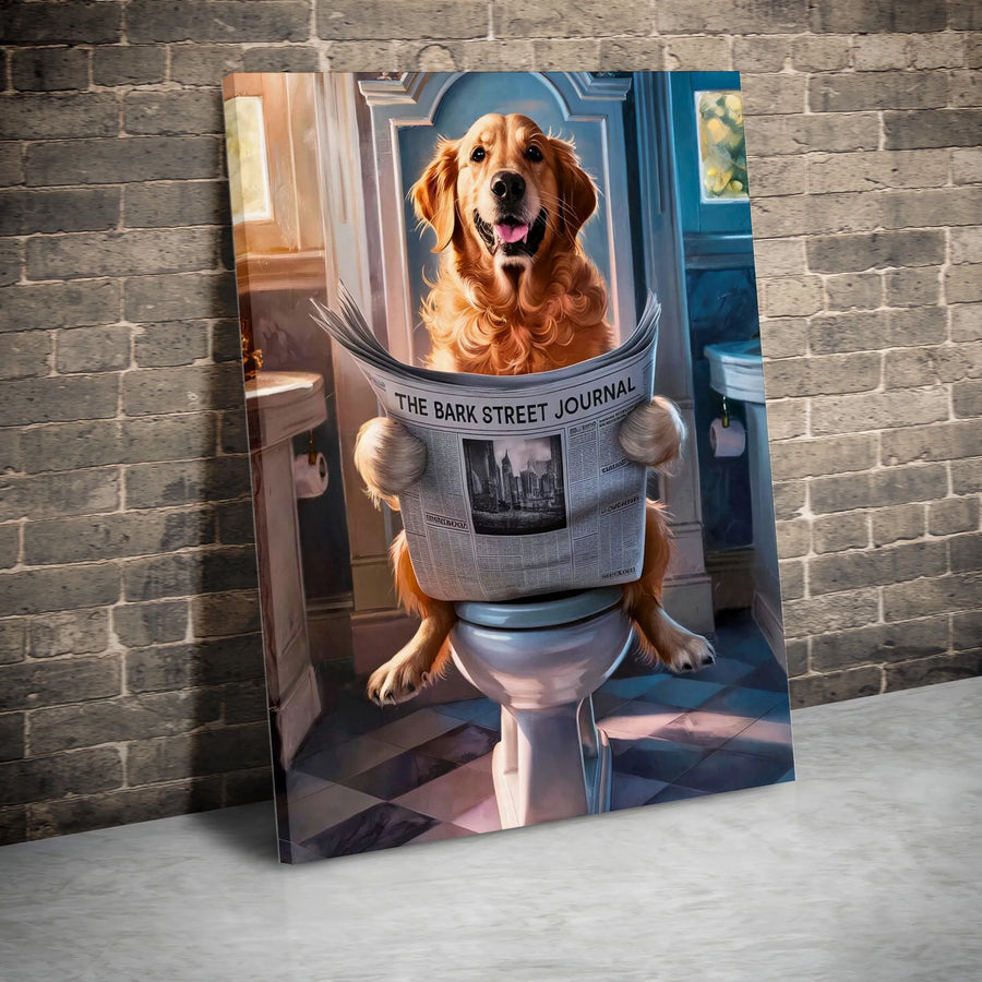 Golden Retriever Toilet Canvas Art | Funny Dog Reading Newspaper Bathroom Wall Decor | Premium 1.25-Inch Gallery Wrap | Unique Pet Lover Gift