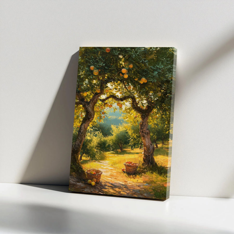 Orchard Harvest Vertical Canvas | Impressionist Landscape Painting | Premium Frameless Wall Art | Rustic Farmhouse Kitchen Decor Gift