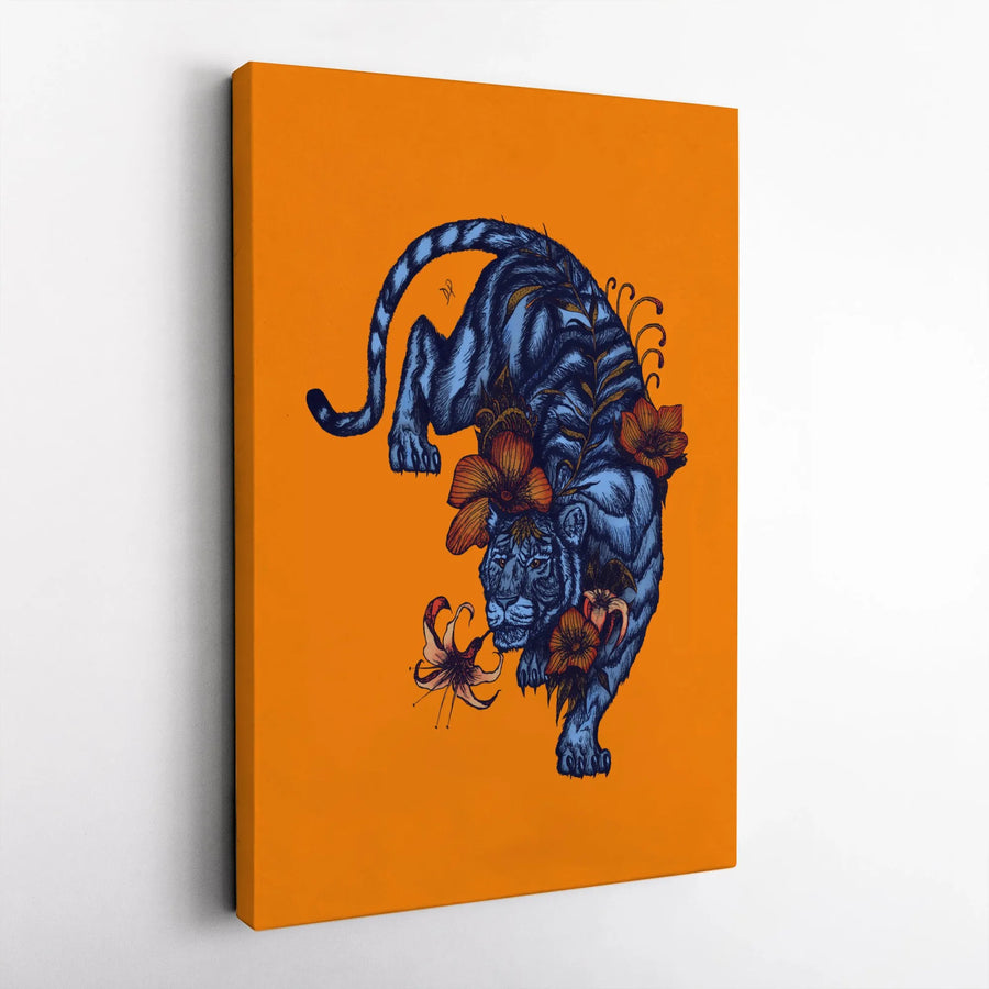 Blue Tiger Floral Canvas Wall Art | Botanical Animal Illustration | Premium Gallery Wrap Print | Modern Living Room Decor Gift