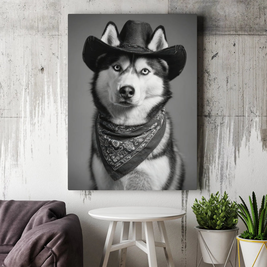 Siberian Husky Canvas Art | Cowboy Dog with Bandana Portrait | Premium Gallery Wrap Wall Decor | Funny Western Pet Wall Art Gift for Dog Lovers