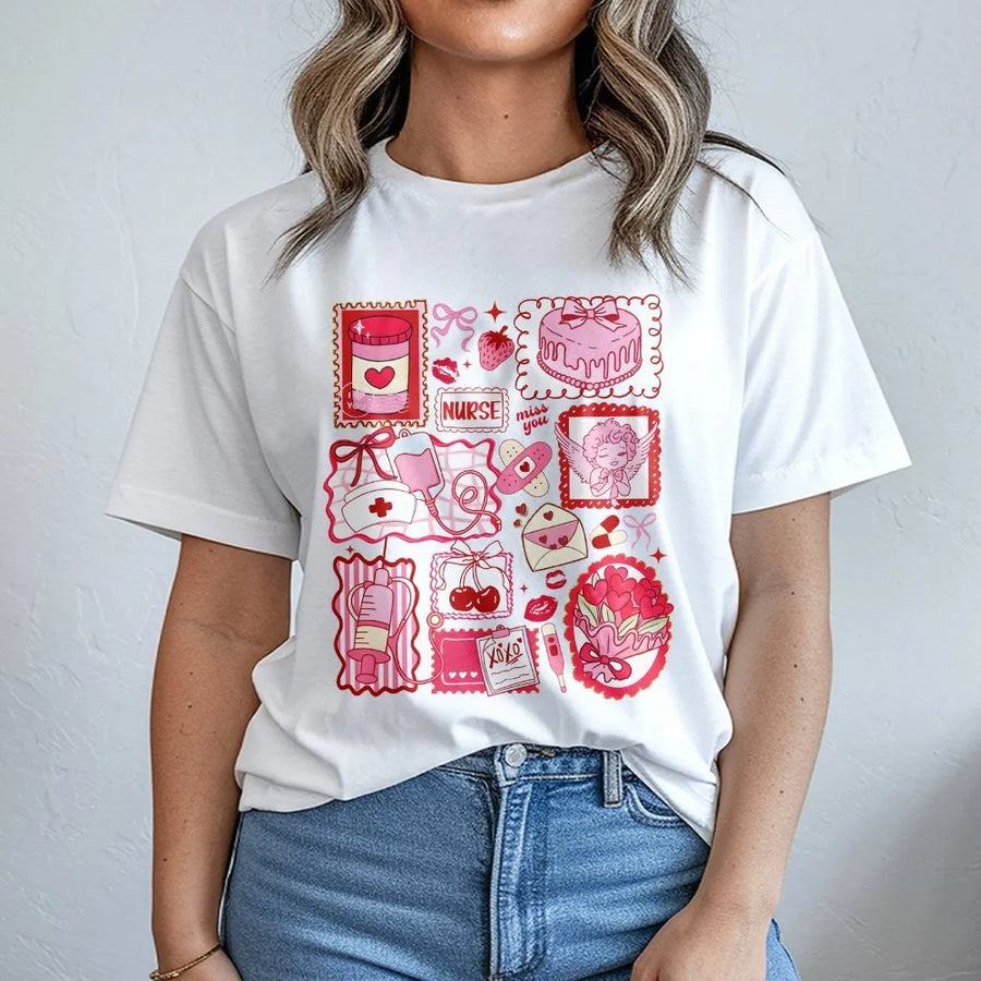 Nurse Valentine T-Shirt | Coquette Aesthetic Doodle Design | Premium Soft Cotton | Cute Gift for Nursing Students and RNs