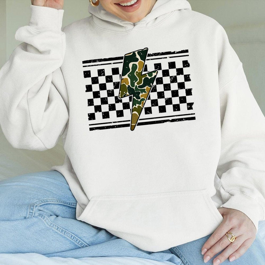 Camo Lightning Bolt Hoodie | Distressed Checkered Pattern Design | Premium Cotton Blend | Gift for Hunting Enthusiasts and Outdoor Lovers