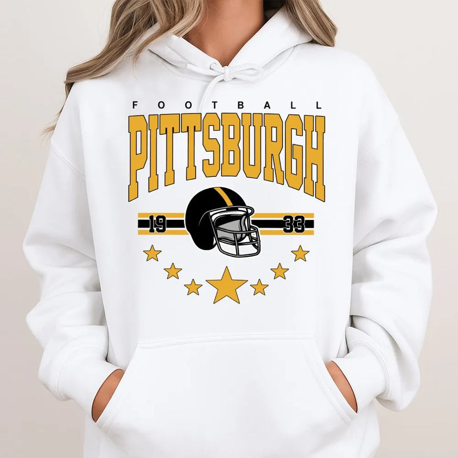 Pittsburgh Football Hoodie | Vintage Retro Helmet Graphic | Premium Cotton Blend Sweatshirt | Gift For Pennsylvania Sports Fans