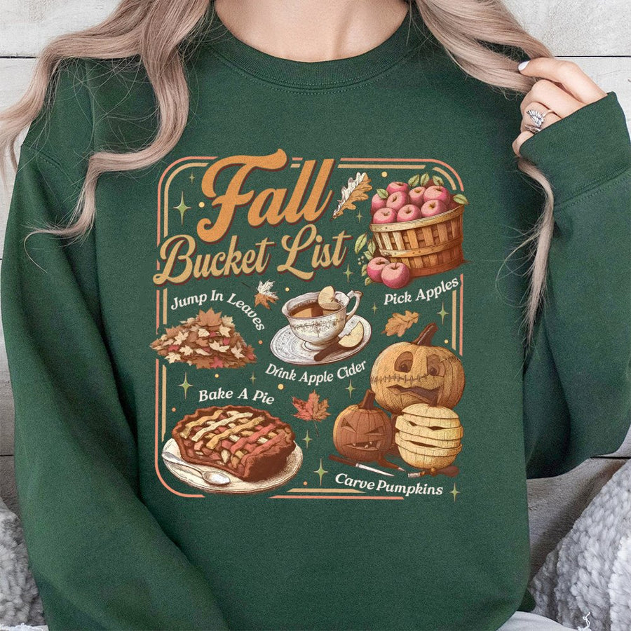 Fall Bucket List Sweatshirt | Cute Autumn Pumpkin Cider Graphic | Premium Cotton Blend Crewneck | Thanksgiving Gift For Her