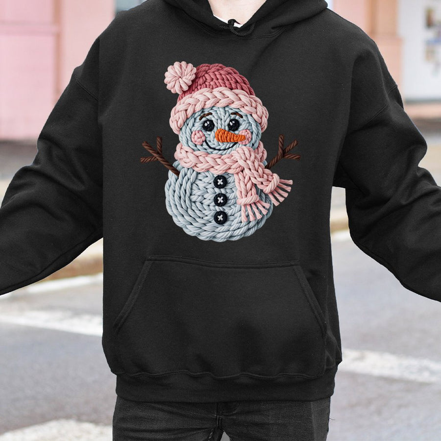 Christmas Snowman Hoodie | Crochet Faux Yarn Graphic Design | Premium Cotton-Blend Pullover | Cute Holiday Gift for Women and Men