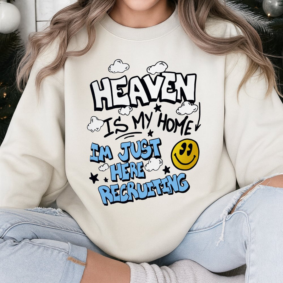 Heaven Is My Home Recruiting Sweatshirt | Retro Smiley Face Graphic Tee | Premium Cotton Blend | Christian Faith Gift for Men and Women