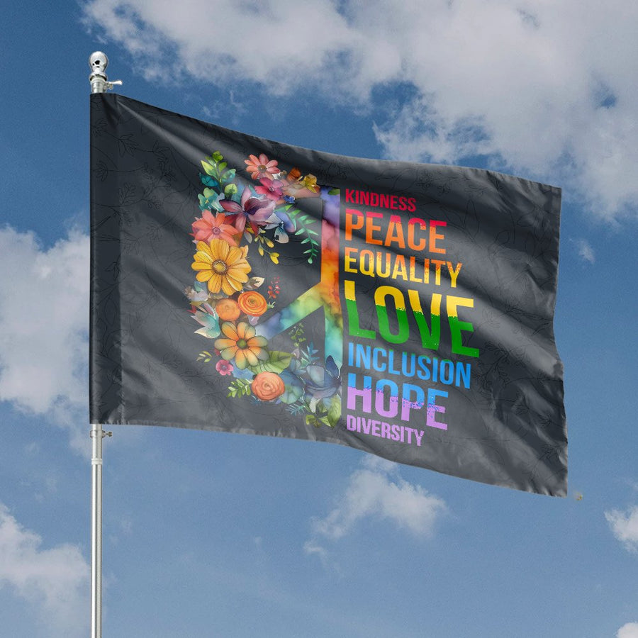 Peace Equality Love House Flag | Floral Rainbow Typography Design | Weather-Resistant Premium Polyester | Inspirational Garden Decor Gift