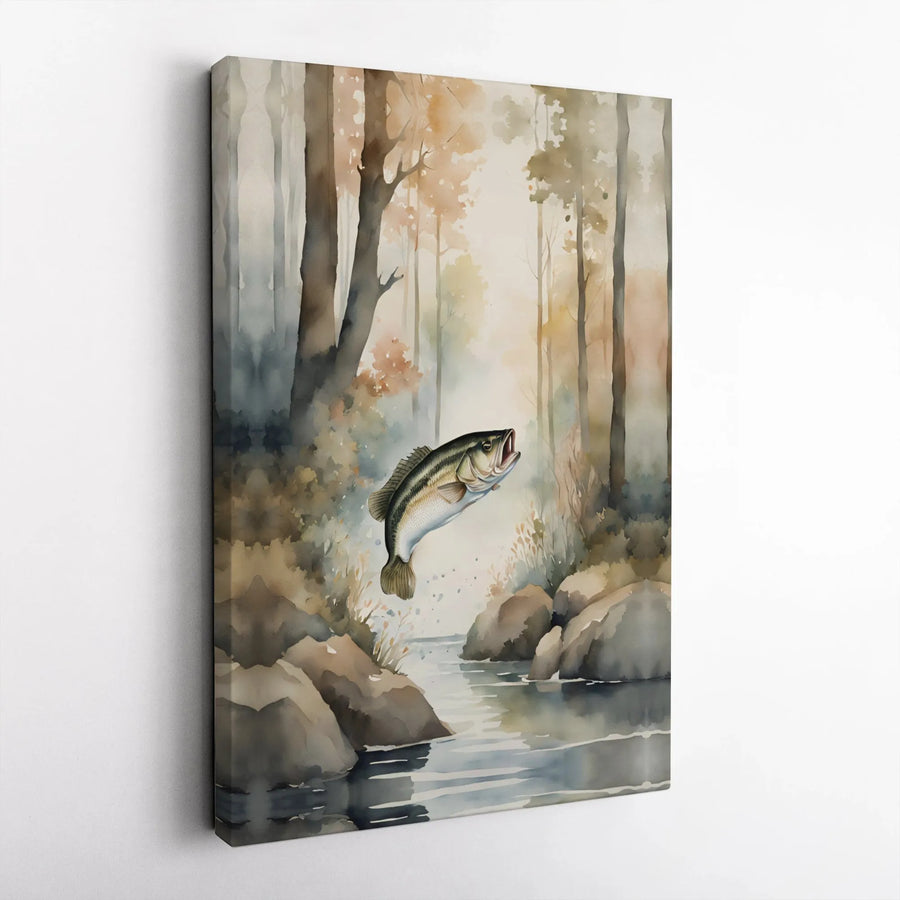 Largemouth Bass Fishing Canvas Art | Watercolor Forest River Print | Premium Gallery Wrapped Decor | Gift for Angler & Fisherman