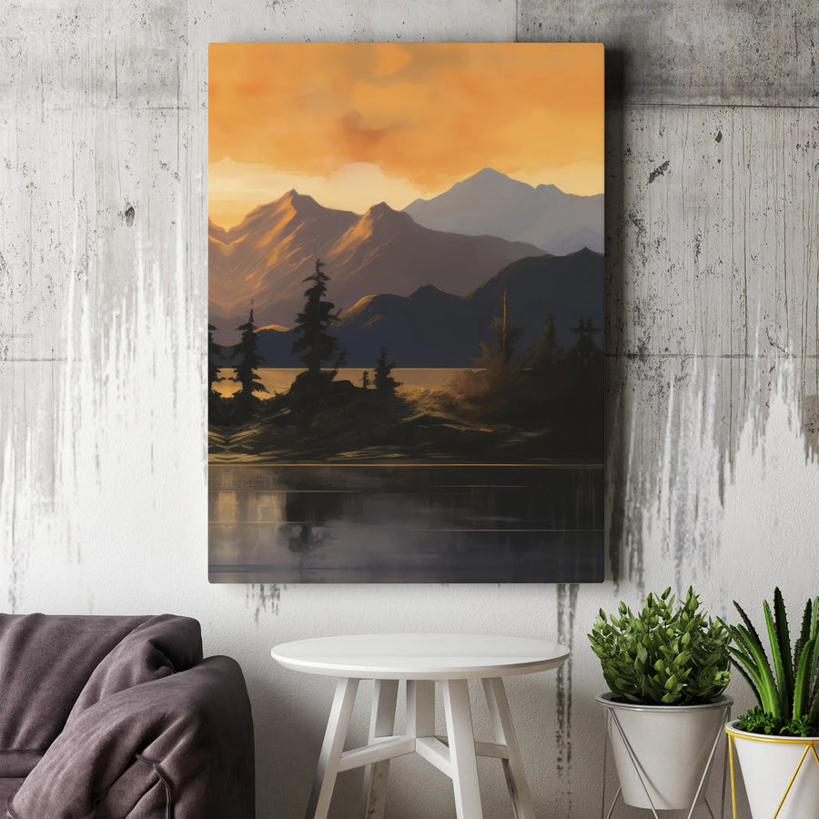Mountain Lake Landscape Canvas Art | Golden Hour Sunset Wall Decor | Premium 1.25 Inch Gallery Wrap | Nature-Inspired Home Office Gift