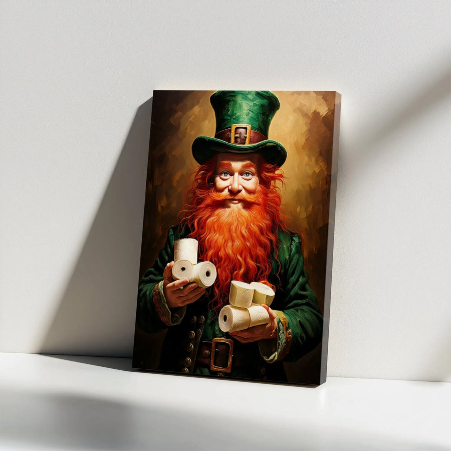 Funny Leprechaun Canvas Print | Hoarding Toilet Paper Art | Premium Thick Gallery Wrapped Canvas | St Patrick's Day Decor Gift