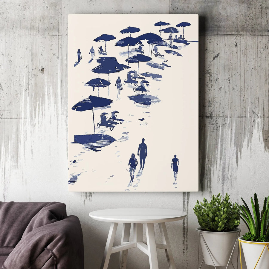 Beach Wall Art | Minimalist Blue Ocean People & Umbrella Sketch | Gallery-Quality 1.25" Canvas Print | Coastal Home Decor Gift