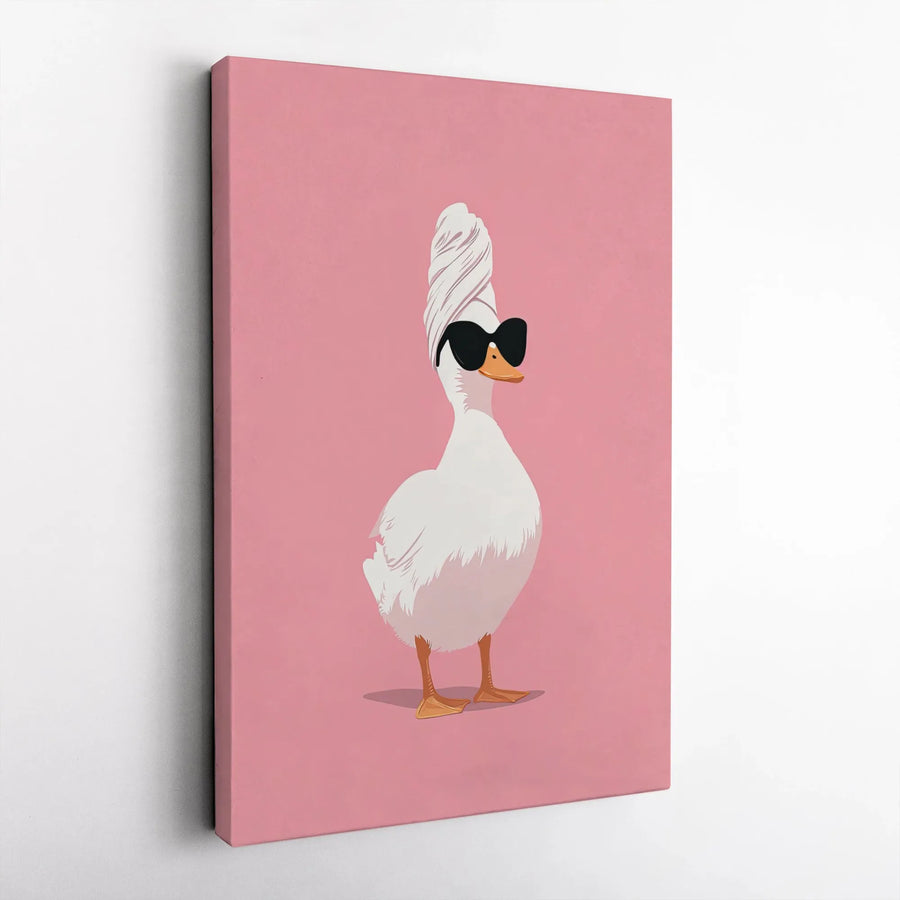 Funny Duck With Towel And Sunglasses Canvas Wall Art | Quirky Bathroom Decor | Gallery-Wrapped Premium Canvas | Whimsical Gift For Duck Lovers