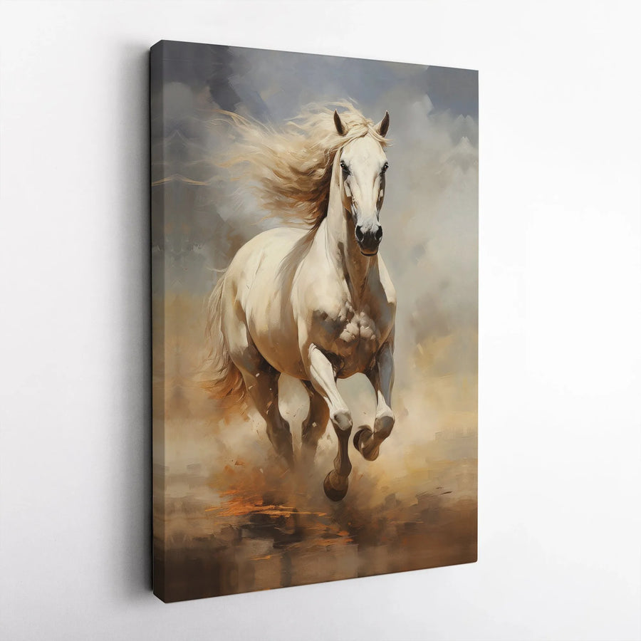 Galloping White Horse Canvas Wall Art | Dynamic Equestrian Oil Painting Style | Premium 1.25" Gallery Wrap | Wildlife Home Decor Gift for Horse Lovers