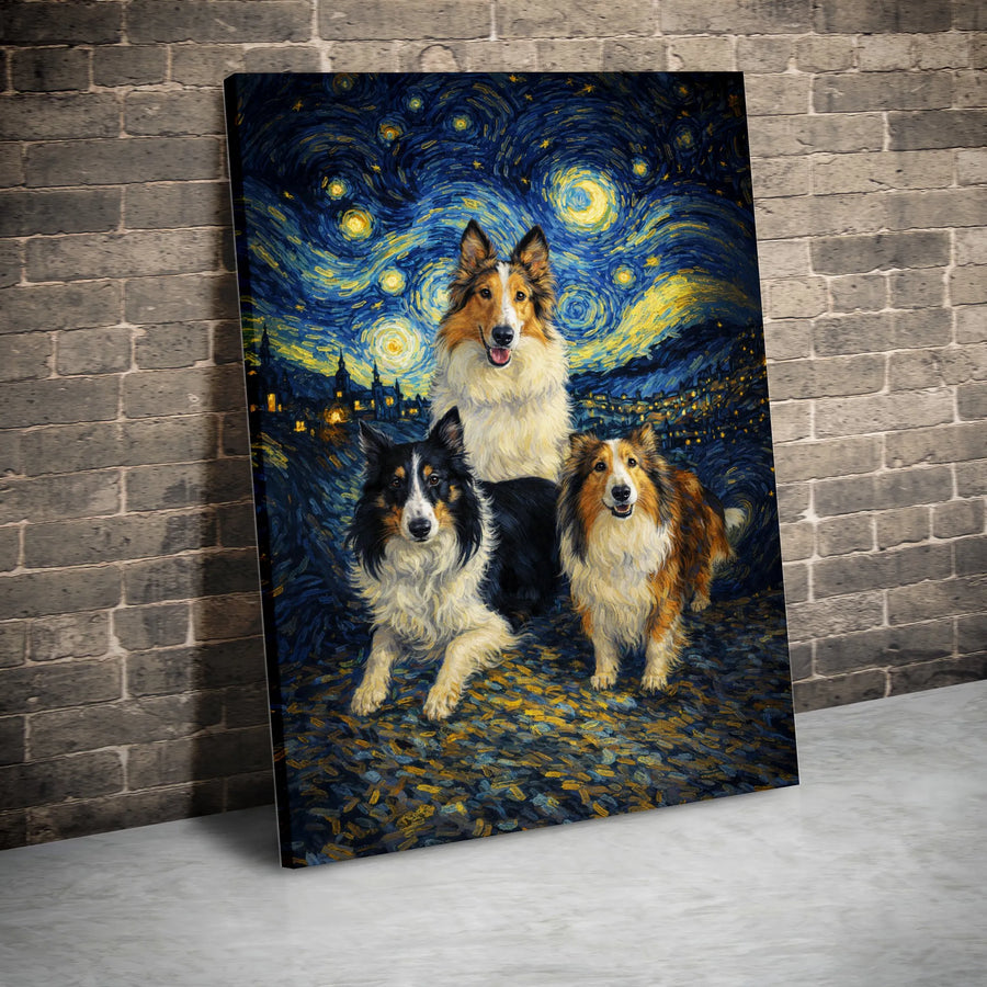 Shetland Sheepdog Starry Night Canvas Art | Van Gogh Inspired Collie Trio Painting | Premium 1.25" Thick Canvas | Unique Gift for Dog Mom and Pet Lovers
