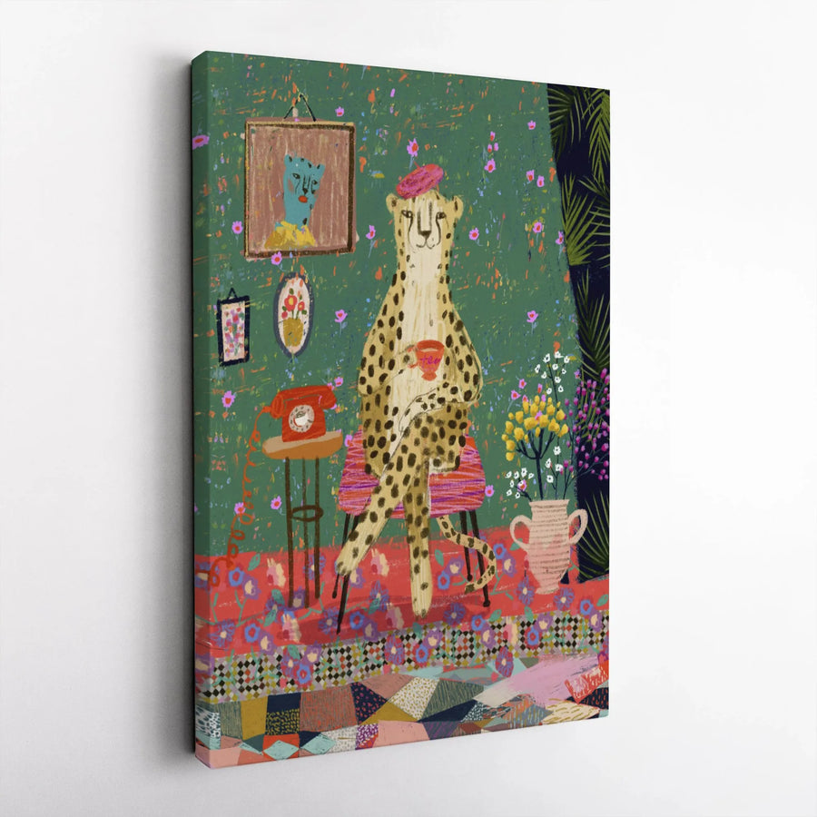 Eclectic Cheetah Canvas Print | Whimsical Animal with Beret Wall Art | Premium 1.25" Thick Canvas | Maximalist Home Decor Gift for Her