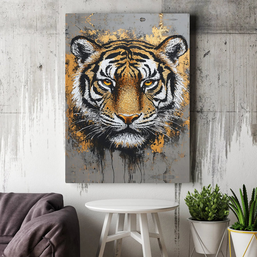 Abstract Tiger Canvas Wall Art | Golden Grey Animal Portrait | 1.25 Inch Gallery Wrap | Modern Home Office Decor Gift