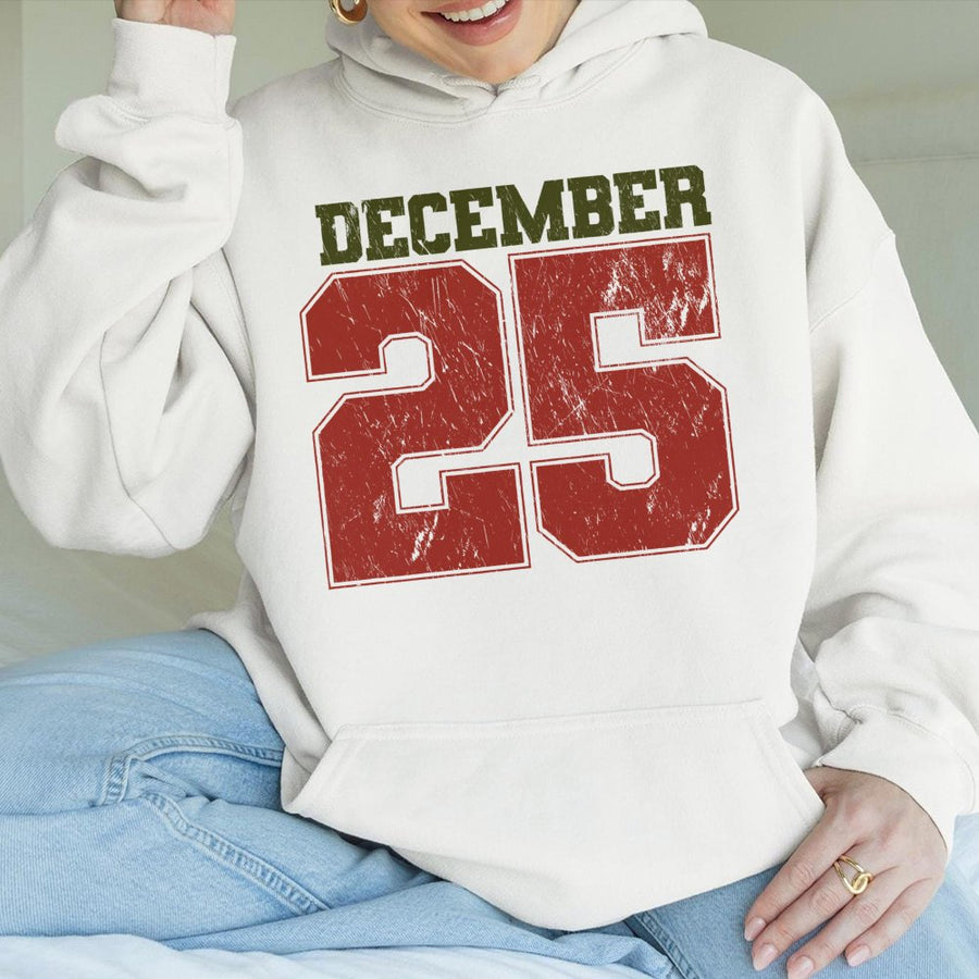 December 25 Christmas Hoodie | Retro Varsity Number Graphic | Premium Cotton Blend | Holiday Gift For Him And Her