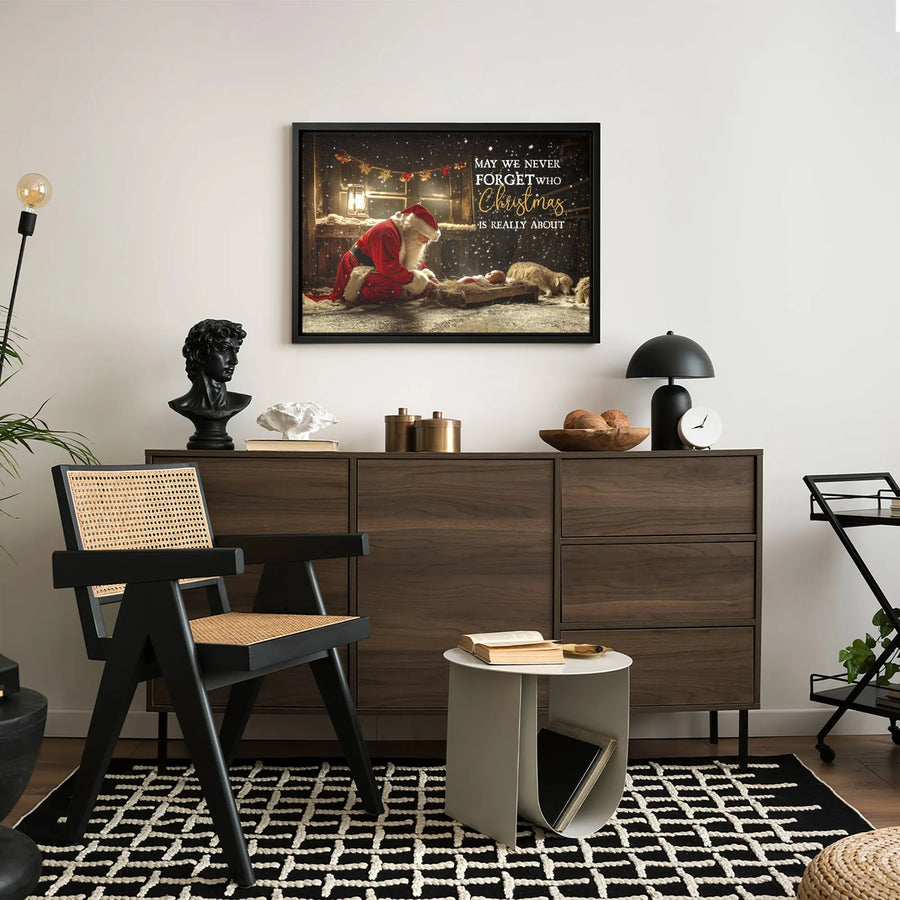 Santa Kneeling at Manger Canvas Print | Religious Christmas Wall Art | Premium Gallery-Wrapped Decor | Faith-Based Holiday Gift for Christian Home