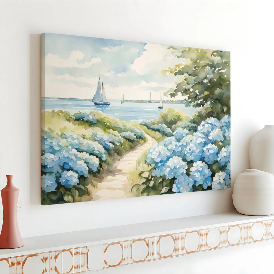 Coastal Watercolor Canvas Print | Hydrangea Garden Path & Sailboats | Gallery Wrapped Premium Decor | Nautical Wall Art for Home Living Room