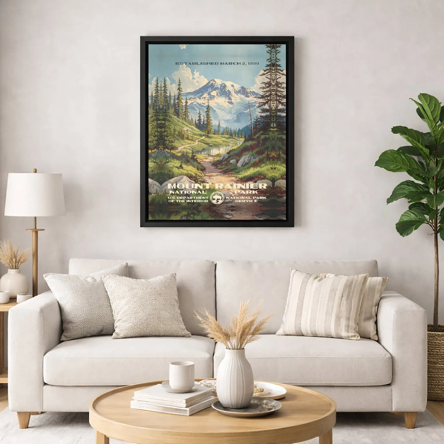 Mount Rainier National Park Canvas Art | Vintage Style Nature Poster | Premium Gallery Wrap Wall Decor | Travel Gift for Hikers
