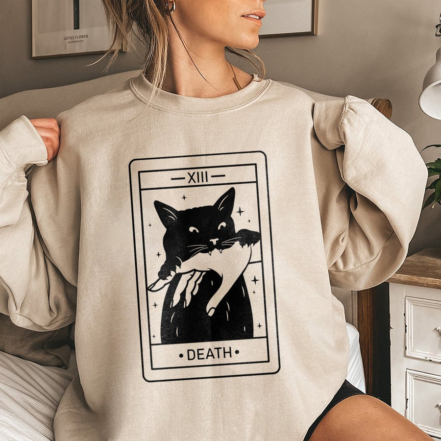 Tarot Card Black Cat Sweatshirt | Death Tarot Card Graphic Design | Cotton Blend Crewneck | Witchy Aesthetic Gift for Cat Lovers
