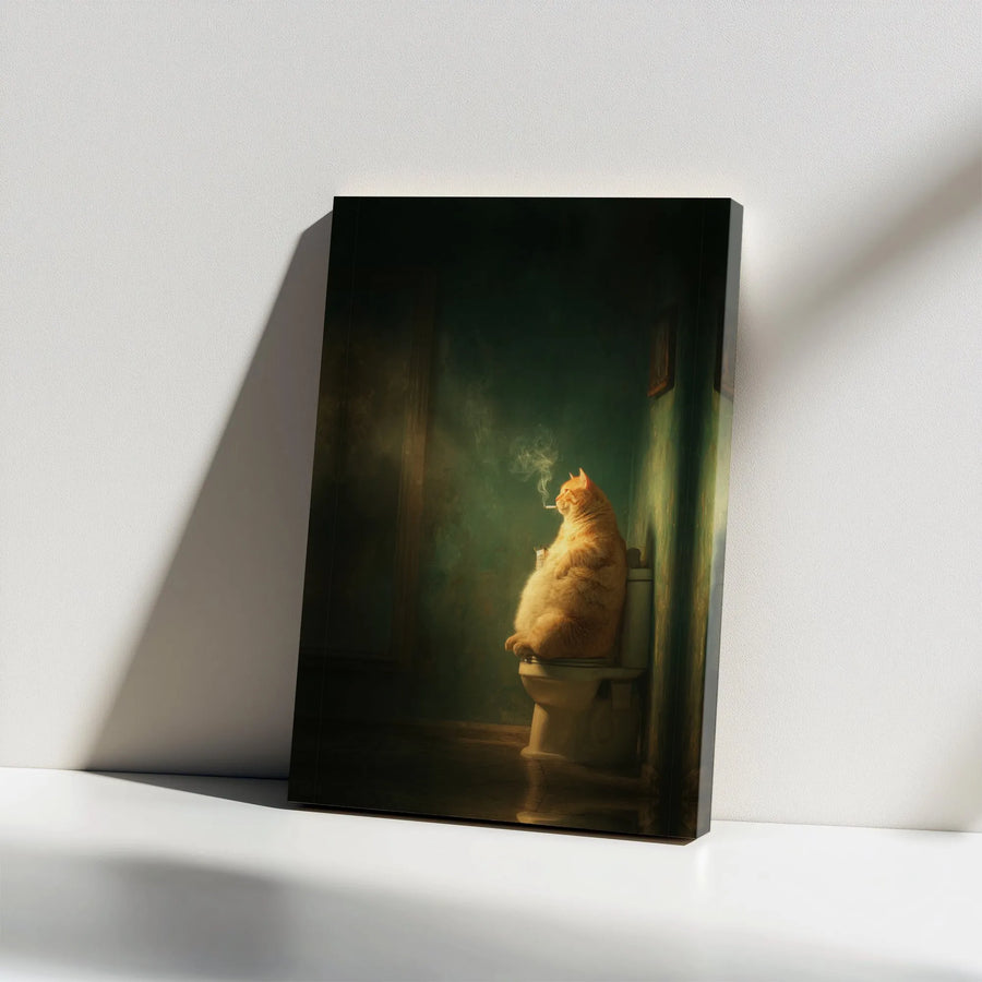 Funny Cat Wall Art | Smoking Orange Tabby on Toilet | Premium Gallery Wrap Canvas | Unique Bathroom Decor Gift for Cat Lovers
