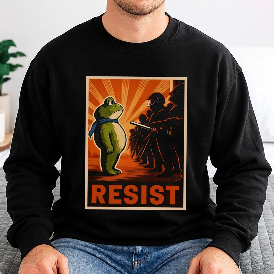Resist Frog Sweatshirt | Retro Activist Protest Graphic Art | Cotton Blend Premium Pullover | Unisex Gift for Social Justice Supporters