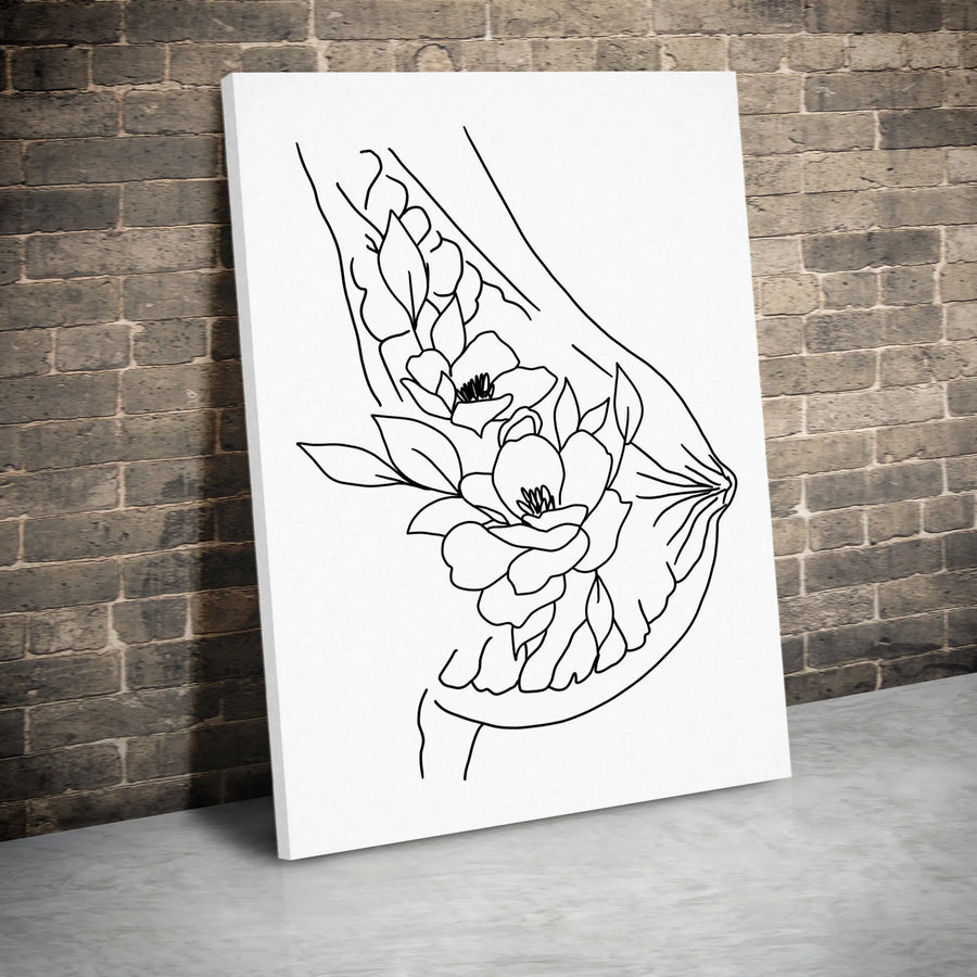 Floral Breast Line Art Canvas | Minimalist Botanical Woman Body Print | Gallery-Quality 1.25 inch Thick Wall Decor | Feminine Aesthetic Home Gift