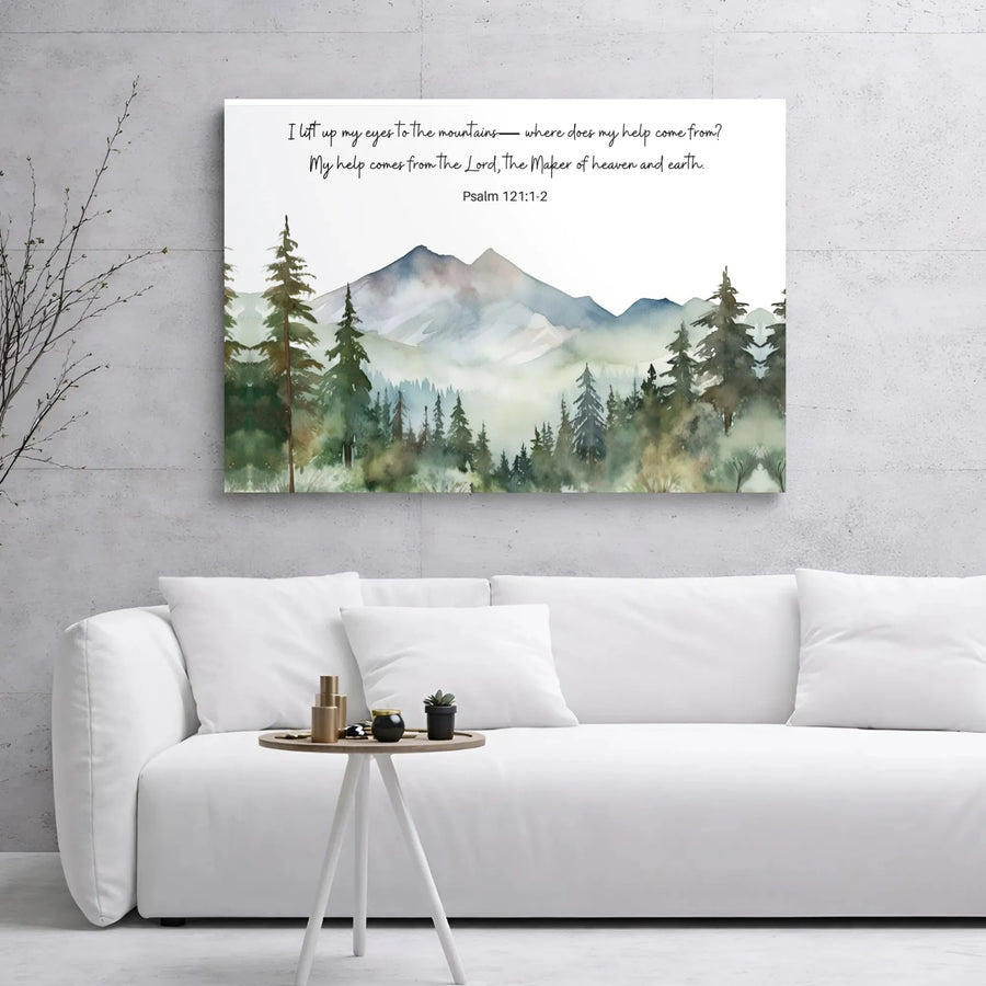 Psalm 121:1-2 Bible Verse Canvas Wall Art | Watercolor Mountain Landscape Print | 1.25 Inch Thick Premium Gallery Wrap | Christian Home Decor Gift