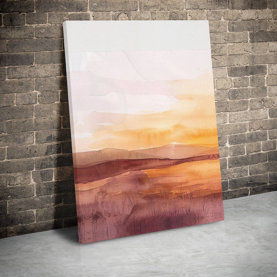 Abstract Watercolor Landscape Canvas | Golden Hour Rolling Hills Wall Art | Premium Gallery Wrap Decor | Modern Minimalist Home Office Gift