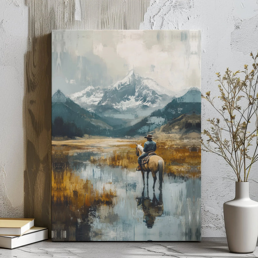 Western Cowboy Wall Art | Mountain Landscape Oil Painting Style | 1.25 Inch Gallery Wrap Canvas | Rustic Home Decor Gift for Him