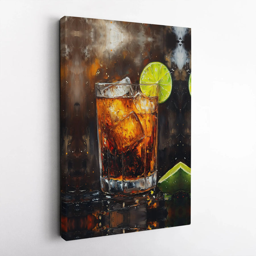 Cocktail Canvas Wall Art | Abstract Rum and Coke Painting with Lime | Premium Gallery Wrapped Canvas | Bar Decor Gift for Men