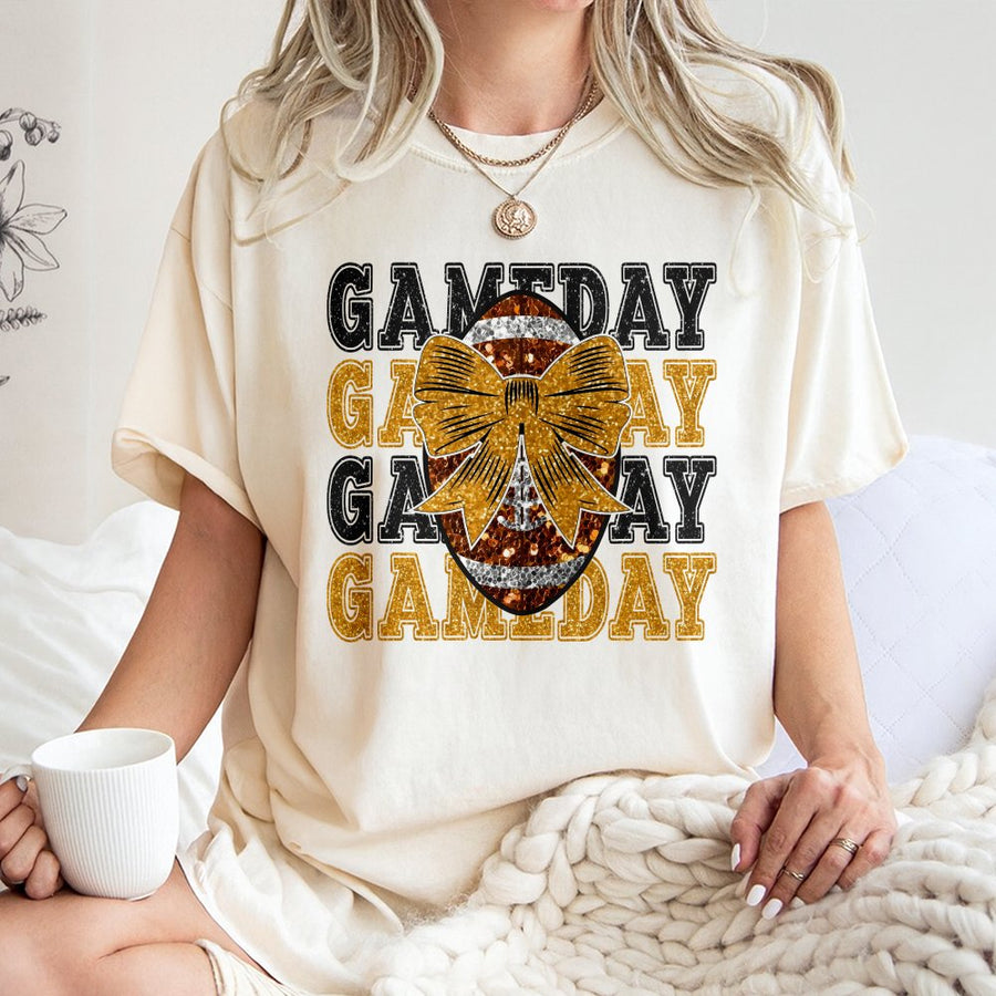 Gameday Football T-Shirt | Glitter Bow Coquette Graphic Tee | Premium 100% Cotton Comfort | Stylish Gift For Football Moms