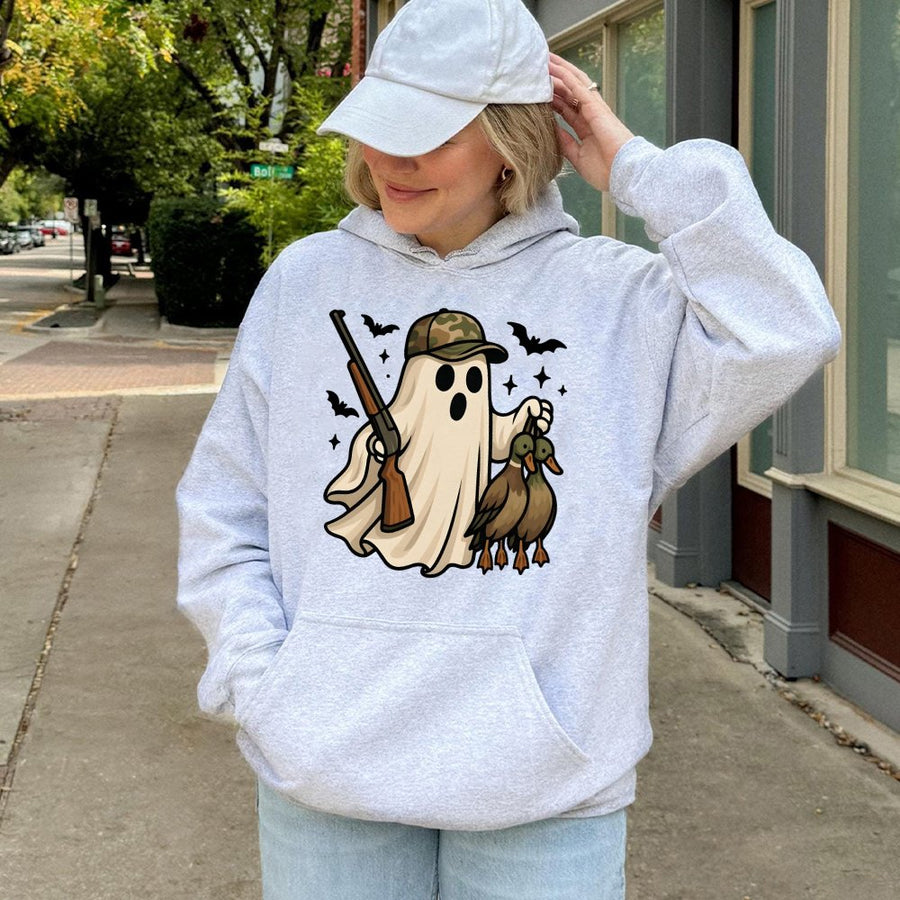 Funny Ghost Duck Hunter Hoodie | Spooky Camo Hat Ghost Graphic | Premium Cotton Blend | Halloween Gift for Hunters and Outdoorsmen