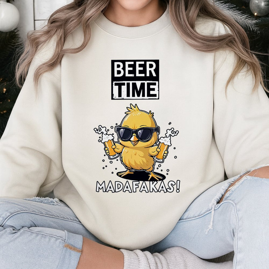 Beer Time Chicken Sweatshirt | Funny Drinking Graphic Pullover | Soft Cotton Blend Unisex Crewneck | Hilarious Gift for Beer Lovers