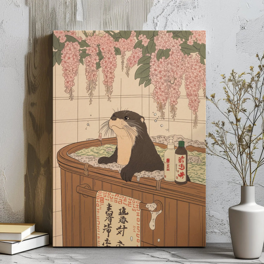 Japanese Otter Wall Art | Ukiyo-e Style Bathing Animal Canvas | Premium 1.25" Gallery Wrap | Whimsical Zen Home Decor Gift for Animal Lovers