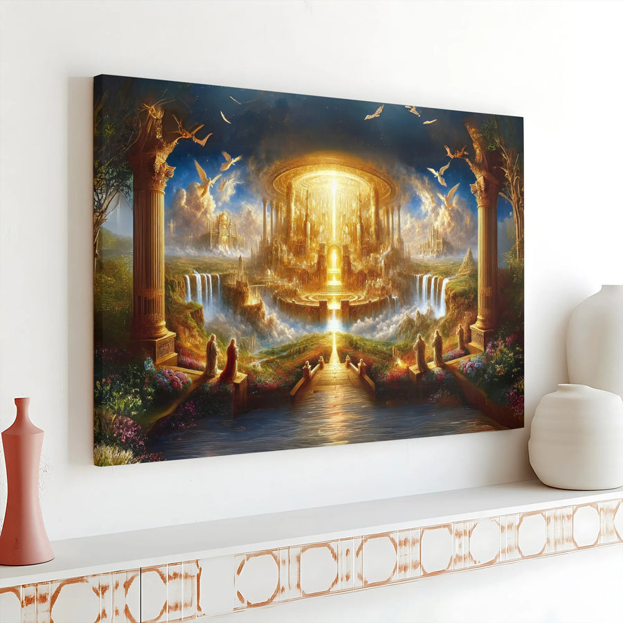 Heavenly Kingdom Canvas Art | Mythical Golden City Landscape | Premium Gallery Wrapped Canvas | Spiritual Wall Decor Gift