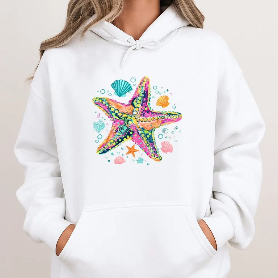 Starfish Hoodie | Colorful Coastal Preppy Graphic | Soft Cotton-Poly Blend | Summer Vacation Gift for Beach Lover