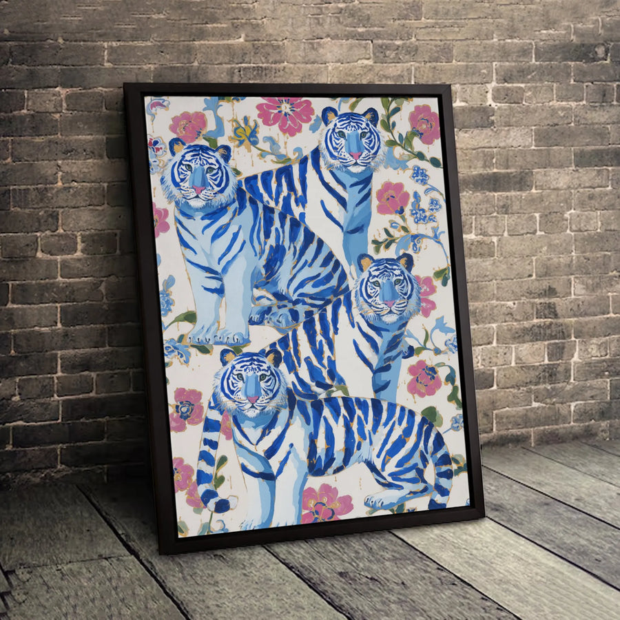 Chinoiserie Blue Tiger Wall Art | Floral Botanical Pattern Canvas | Premium Fade-Resistant Gallery Wrap | Elegant Home Decor Gift