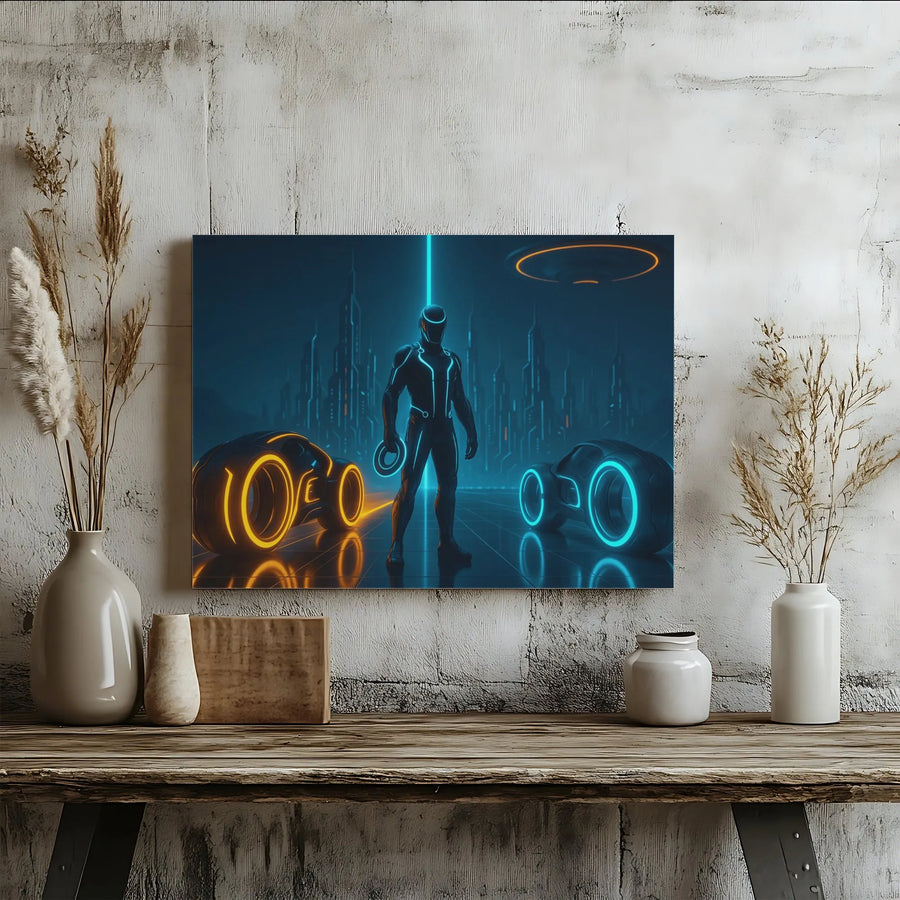 Cyberpunk Sci-Fi Canvas Wall Art | Neon Light Cycle Futuristic Character | 1.25 Inch Gallery Wrap | Gamer Room Decor & Gift for Tech Enthusiasts