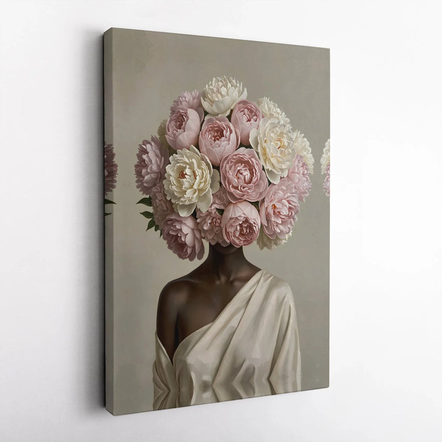 Black Woman Peony Head Canvas Print | Surreal Botanical Portrait | Premium Gallery Wrap Canvas | Collector's Gift for Modern Home Decor