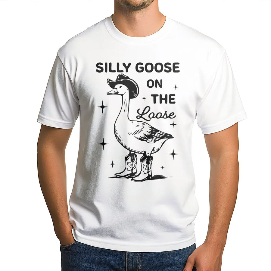 Silly Goose On The Loose T-Shirt | Cowboy Goose with Hat and Boots | Premium Soft Cotton Graphic Tee | Funny Farm Animal Gift for Men and Women