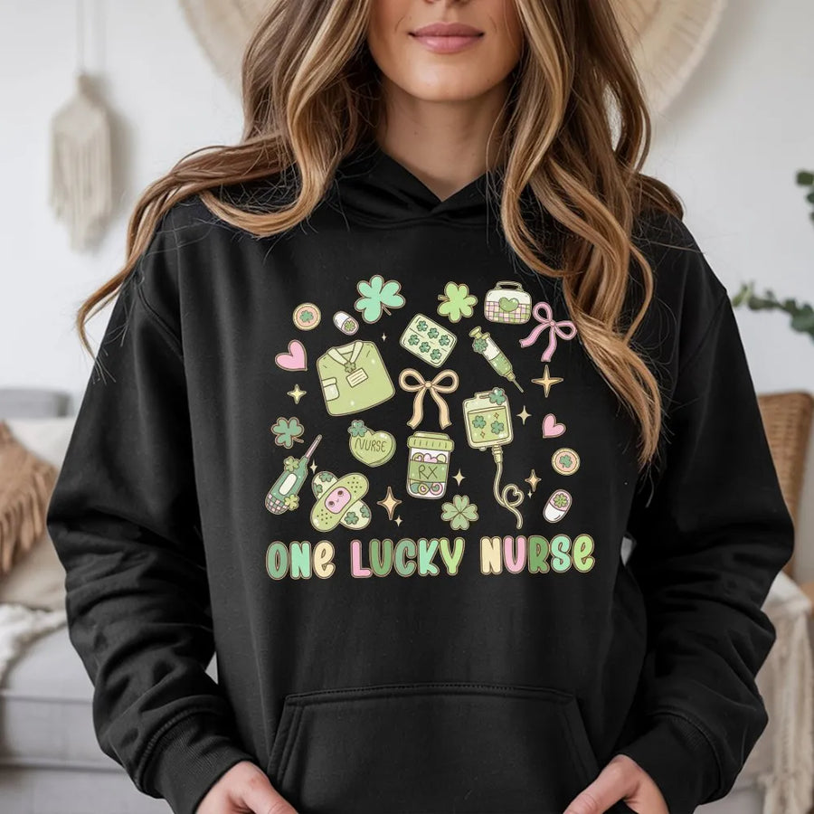 One Lucky Nurse Hoodie | St. Patrick's Day Clover Graphic | Premium Cotton-Blend | Cute Nursing School Student Gift & Apparel