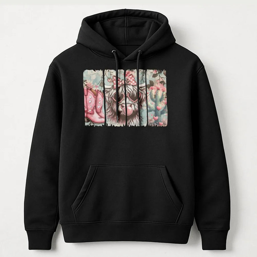 Highland Cow Valentine Hoodie | Retro Cowgirl Western Graphic | Premium Cotton Blend | Gift for Her & Cowgirl Lovers